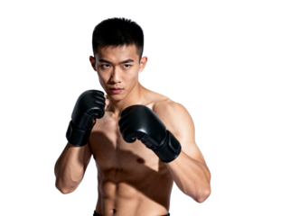 A shirtless man in boxing gloves is in a fighting stance, showcasing athleticism and readiness for combat.