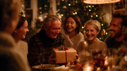 Happy Family Exchanging Christmas Gifts at Cozy Dinner