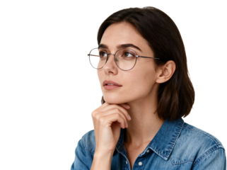 A woman in denim shirt with glasses, deep in thought, gazing upward.