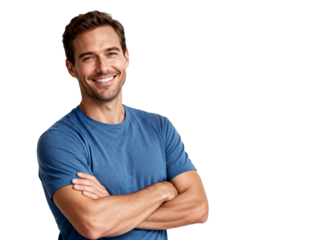 A man with crossed arms, wearing a blue t-shirt, looks confident and smiles.