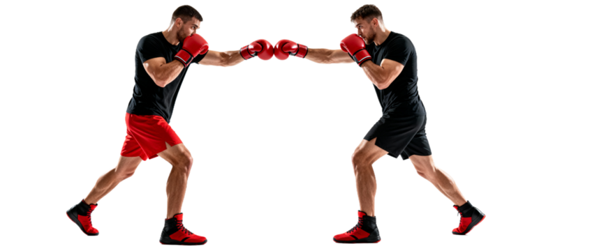 Two boxers engaged in a sparring session wearing red gloves and black athletic attire.