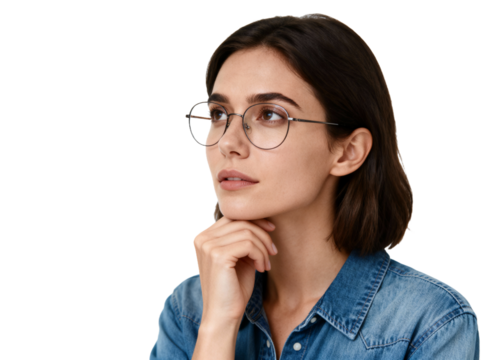 A woman in denim shirt with glasses, deep in thought, gazing upward.