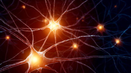 주황색 빛을 내며 신호를 전달하는 뉴런과 시냅스를 보여주는 일러스트-Illustration showing neurons and synapses transmitting signals while glowing orange