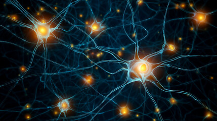 노란 빛을 내며 신호를 전달하는 뉴런과 시냅스를 보여주는 일러스트-Illustration showing neurons and synapses transmitting signals while emitting yellow light