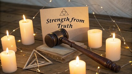 Inspirational setup with candles, gavel, and motivational quote about strength from truth on a wooden surface