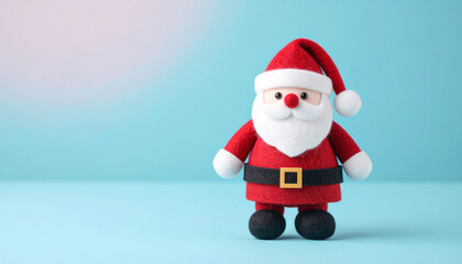淡い水色の背景に立つフェルト製のサンタクロース人形。ハンドメイドの温かみとクリスマスの優しい雰囲気を感じるミニマルな構図。