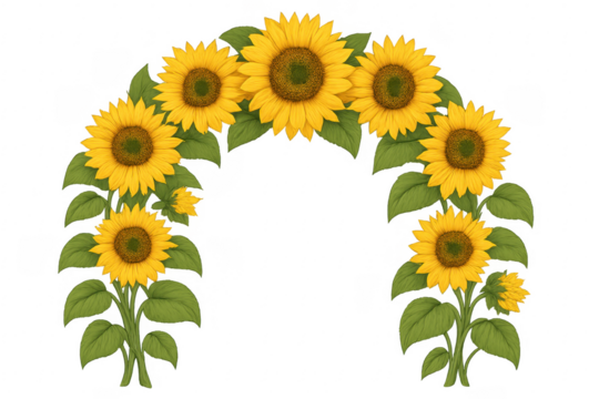 Sunflowers forming arch with green leaves on transparent background