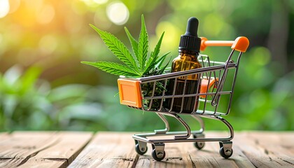 Tiny shopping cart with cannabis oil and leaves