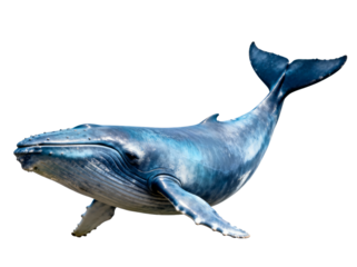 A blue whale is depicted swimming gracefully, showcasing its large body and marine habitat.