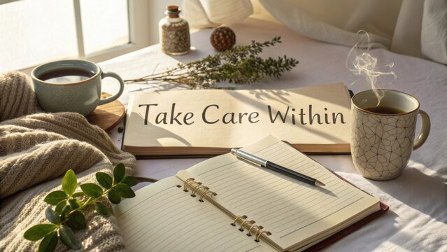 Cozy Indoor Scene with Coffee, Notebook, and Inspiring Quote for Self-Care and Mindfulness Activities