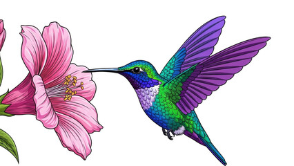 Obraz premium hummingbird with purple, blue, and green feathers feeding on nectar from a large pink flower.