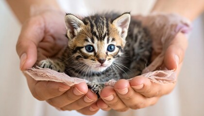 Tiny tabby kitten cradled in human hands