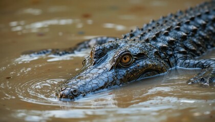 Obraz premium Wild crocodile floating in muddy river water, sharp eyes above the surface, natural wildlife documentary style, high detail texture