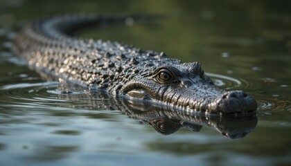 Obraz premium Realistic close-up of a crocodile floating in still water, reflection on the surface, nature photography style, ultra-detailed