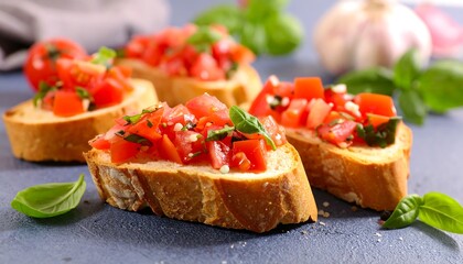Toasted baguette slices topped with diced tomatoes and basil