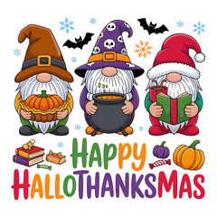 Fototapeta premium Three Gnomes Celebrate Hallothanksmas With Treats Keywords: gnomes, hallothanksmas, holiday