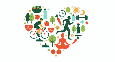 A vibrant vector illustration depicting a heart shape composed of healthy lifestyle elements, including exercise, yoga, fresh vegetables, and sunny weather, symbolizing wellness.