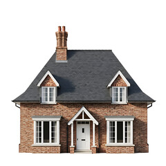 Brick House Exterior Shows Facade with Windows, Door, Chimney, and Roof on Black