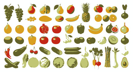 A vibrant vector illustration showcases a diverse collection of fresh fruits and vegetables, perfect for healthy eating, culinary projects, and design needs with a png background.