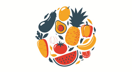 A vibrant circular arrangement of fresh fruits and vegetables, presented as a flat vector illustration on a clean white background, promoting healthy eating.