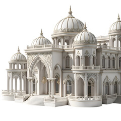Detailed 3D Rendering of a White Palace with Domes and Intricate Architectural Details