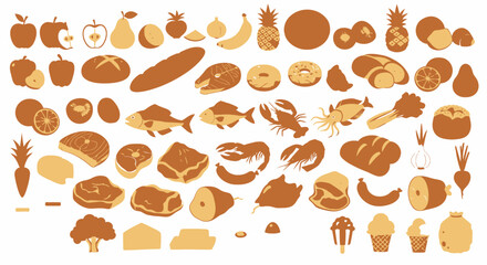 A vector illustration of a variety of food items including fruits, vegetables, meats, and baked goods, presented in a simple, clean graphic style suitable for diverse applications.