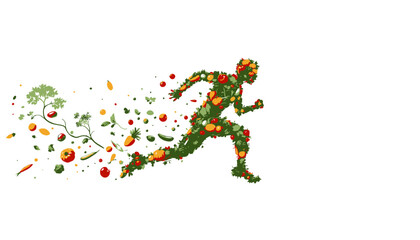 A dynamic human figure, composed entirely of vibrant fresh vegetables and fruits, energetically runs forward, symbolizing healthy lifestyle and nutrition.
