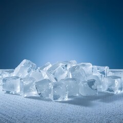 Crystal clear ice cubes arranged on a frosty surface with a cool blue background, showcasing purity, freshness, and cold temperature ideal for beverage, refreshment, and winter-themed designs.