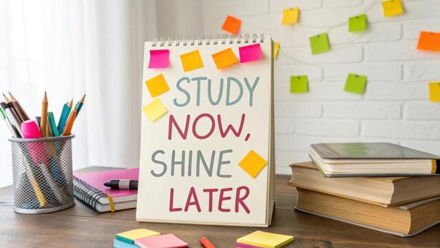 Study Motivation Workspace with Colorful Sticky Notes and Stationery for Effective Learning and Productivity