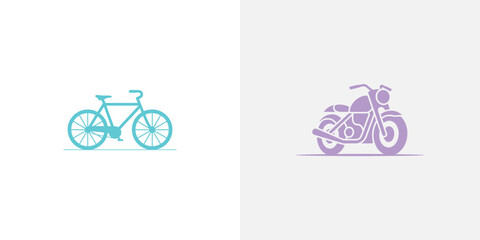Fototapeta premium Cyan Bicycle and Purple Motorcycle Icons on White Background, Transportation Duo
