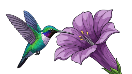 hummingbird gracefully approaches a purple flower, showcasing nature's beauty and pollination.