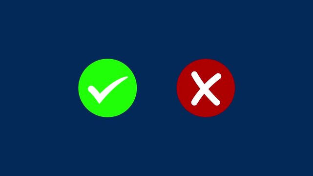 Animated pop-up green check mark and red cross X symbol on a transparent background. A checkmark in and out motion graphics animation.check mark and cross mark signs icon animation.4k video