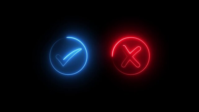 Minimal neon Check Mark and Cross Icon in Circle on Black Background.Tick or check mark and cross mark signs neon icon animation.right and wrong neon icons.Neon Animated True and False symbols.4k