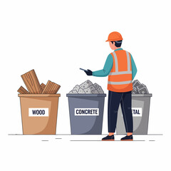 Construction worker sorting waste into wood concrete and metal bins.