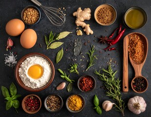 Top-down view of assorted cooking ingredients on dark surface