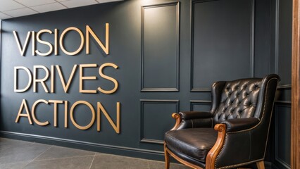 Modern Office Interior with Inspirational Quote on Dark Wall and Elegant Leather Chair in Contemporary Design Space