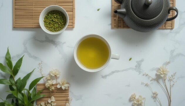 Flat lay of a tea-making scene: green tea leaves, teapot, cup, and bamboo mat, elegant Japanese mood, soft daylight, perfect symmetry
