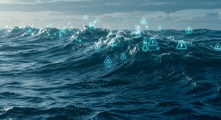 Fototapeta premium World Tsunami Awareness Day. An ocean wave approaching a coastal city, representing disaster prevention, early warning systems, preparedness, and environmental protection against natural disasters.