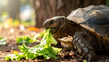 Tortoise eating greens outdoors