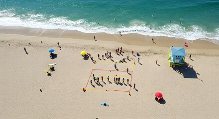 Aerial view of a crowded beach with people swimming and playing volleyball on a sunny day at the coast