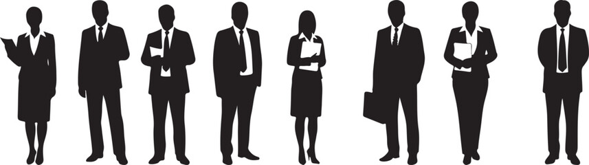 Black silhouettes of business people in suits standing in a line women