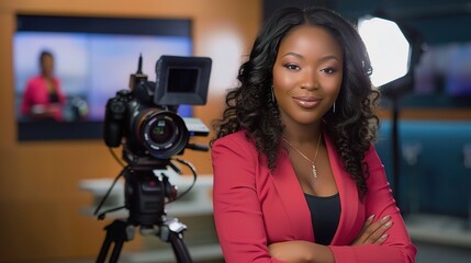 Female anchor sitting at a modern desk with a professional microphone, ring light, and laptop, hosting a live stream or recording a video, with a neat backdrop of shelves holding books or decorative