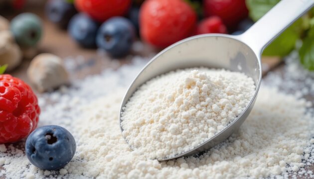 A close-up of a perfectly portioned measure of white collagen powder resting on a metallic silver scoop, with a backdrop of fresh berries and leafy greens.