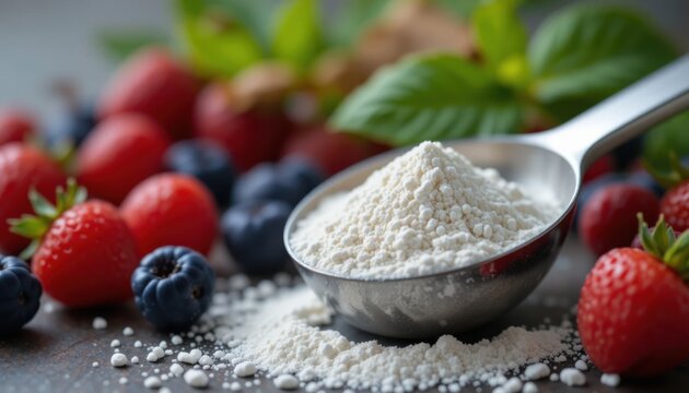 A close-up of a perfectly portioned measure of white collagen powder resting on a metallic silver scoop, with a backdrop of fresh berries and leafy greens.