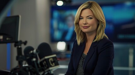 Female anchor sitting at a modern desk with a professional microphone, ring light, and laptop, hosting a live stream or recording a video, with a neat backdrop of shelves holding books or decorative