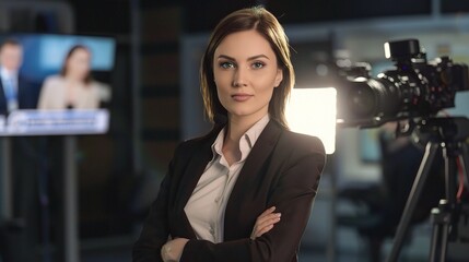 Female anchor sitting at a modern desk with a professional microphone, ring light, and laptop, hosting a live stream or recording a video, with a neat backdrop of shelves holding books or decorative