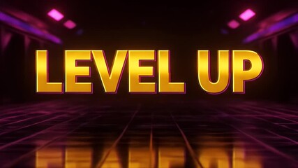 Golden Level Up Text Displayed in Futuristic Neon Environment. - Powered by Adobe