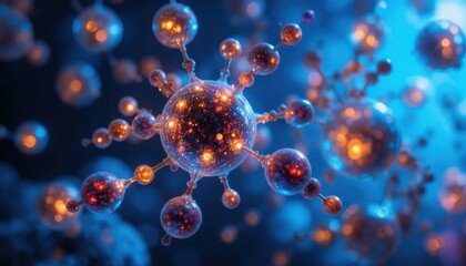 Futuristic 3D render of vitamins represented as glowing molecular spheres, health science visualization, blue gradient background, ultra-detailed