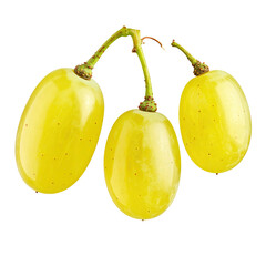 Close-up shot of three translucent green oval grapes attached to their stems, against black