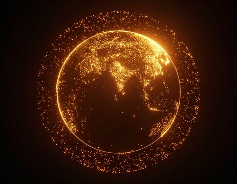 Glowing Earth, encircled by particles